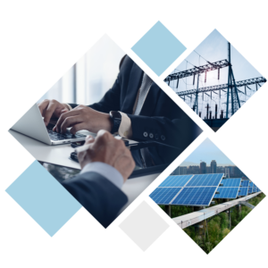 Power grids and people working on a computer